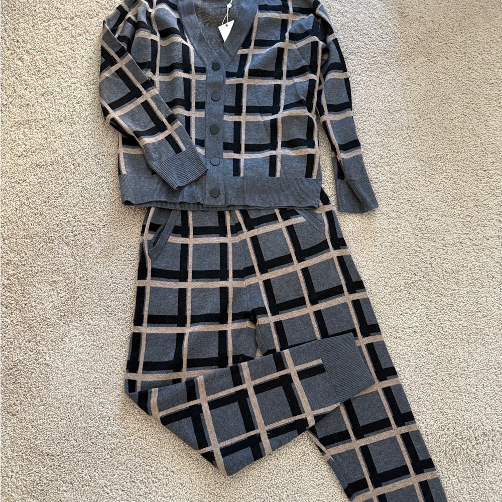 Tory Burch knit set  Gray and Black Plaid cardigan and pants